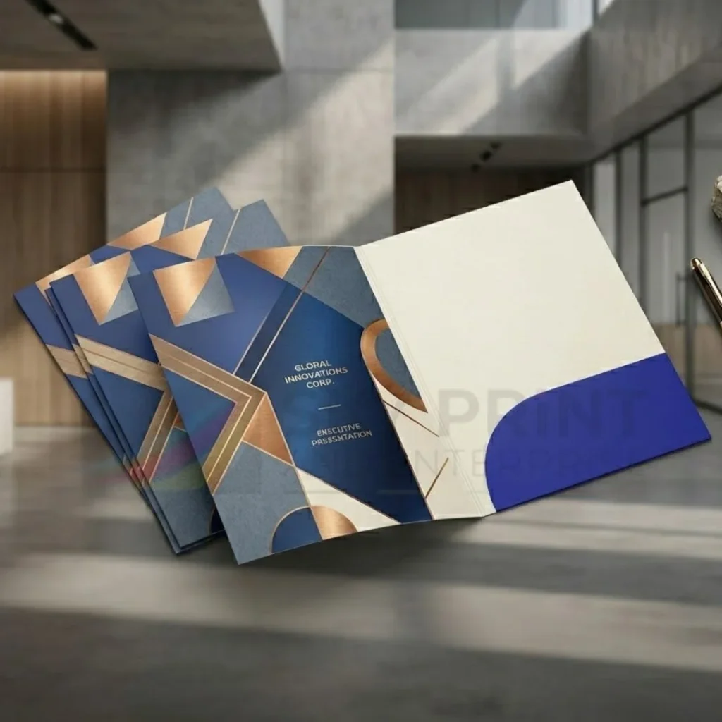 Custom presentation folders with logo printing and premium finishing options