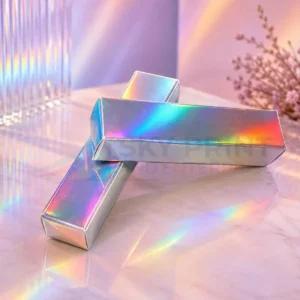 Holographic cardboard boxes with rainbow foil packaging finish