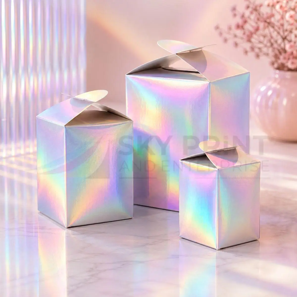 Custom holographic packaging boxes with shimmering foil finish