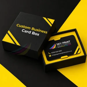 Premium rigid custom business card box with elegant finish and printed logo
