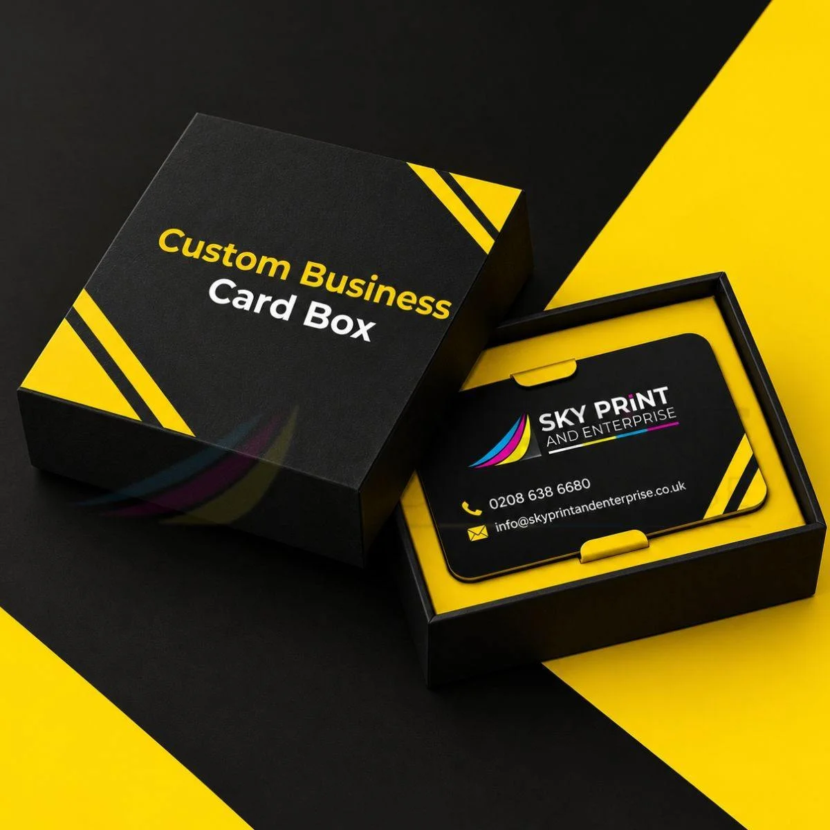 Premium rigid custom business card box with elegant finish and printed logo