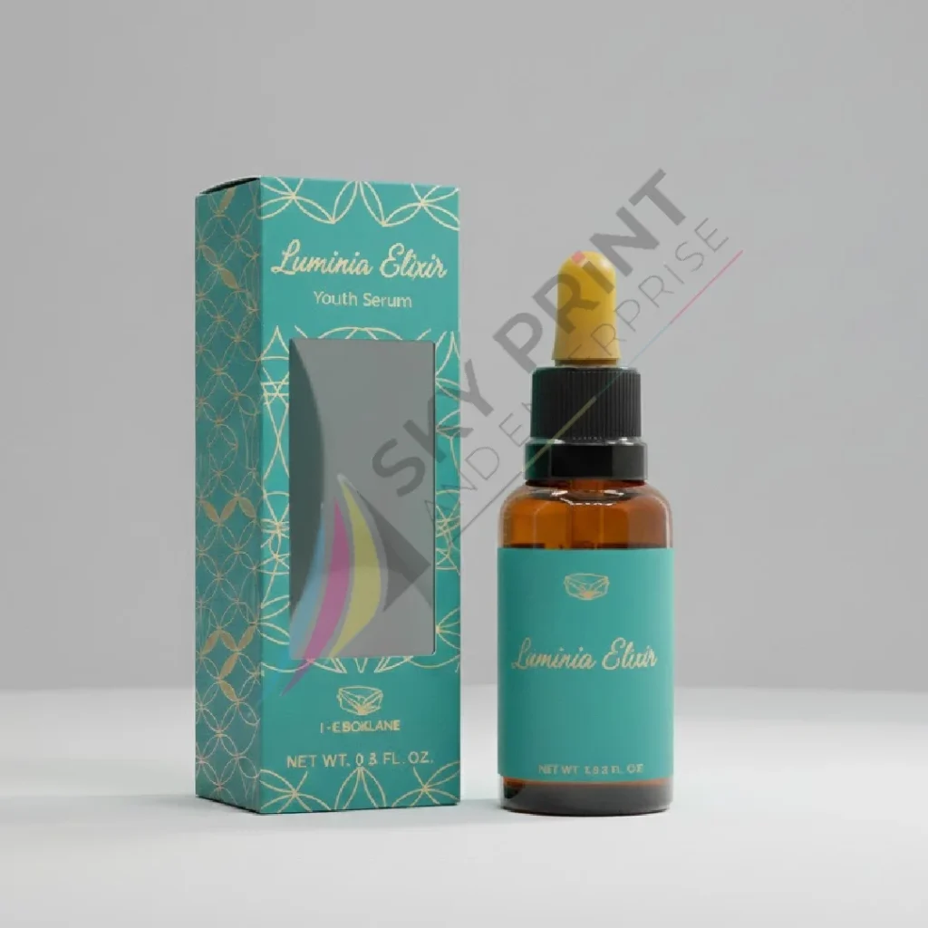 Custom serum packaging box with die cut window displaying skincare serum bottle inside