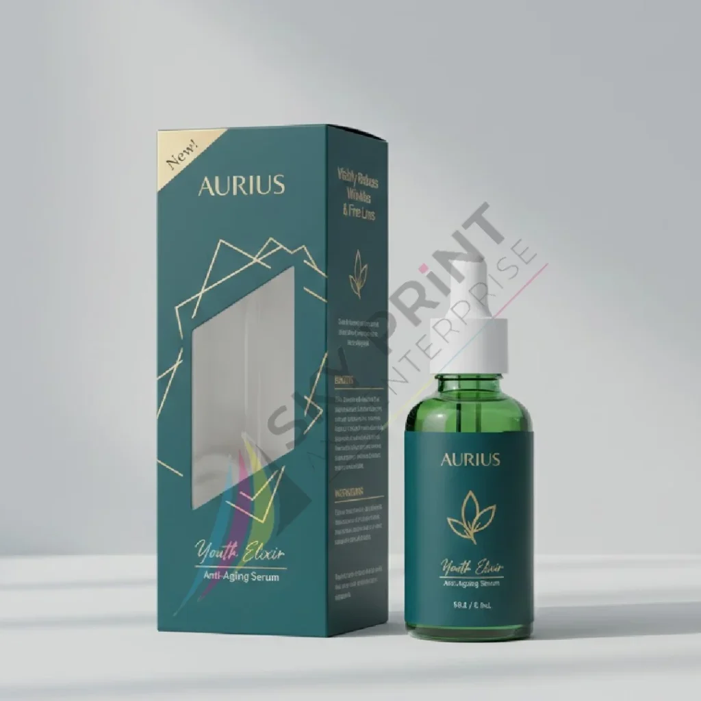 Custom serum box with die cut window displaying