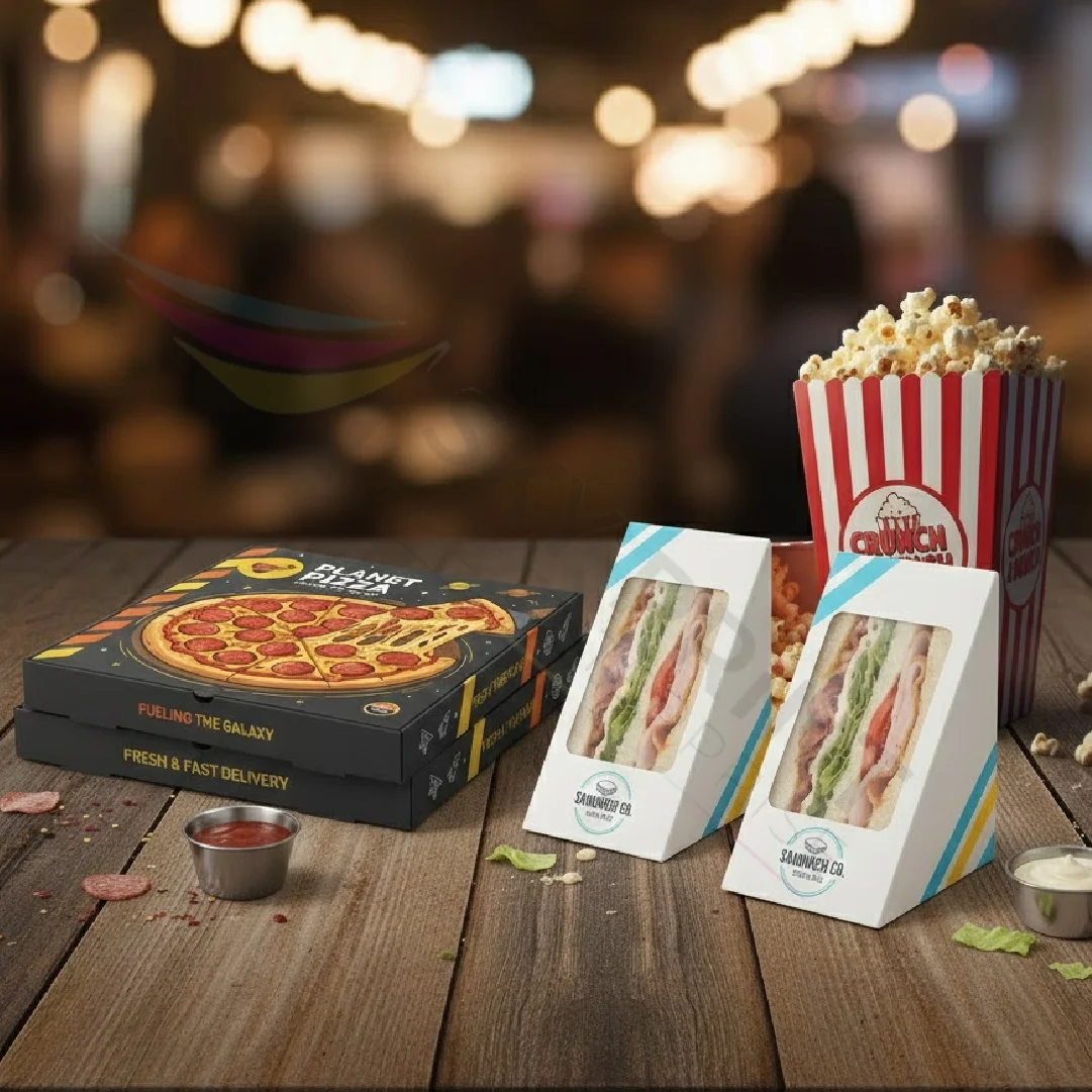 Branded pizza, sandwich, and popcorn food packaging boxes for UK restaurants and takeaways