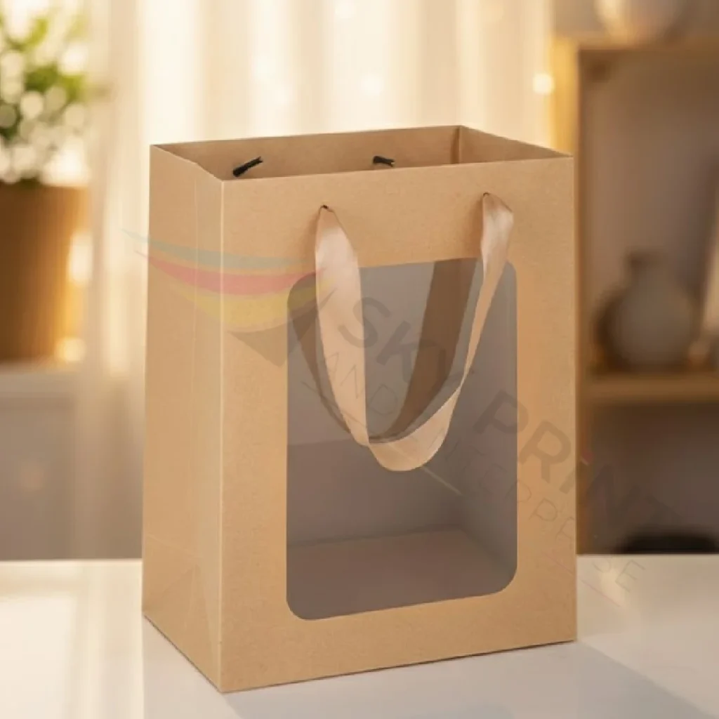 Eco friendly printed Window brown paper bags with custom branding for retail packaging.