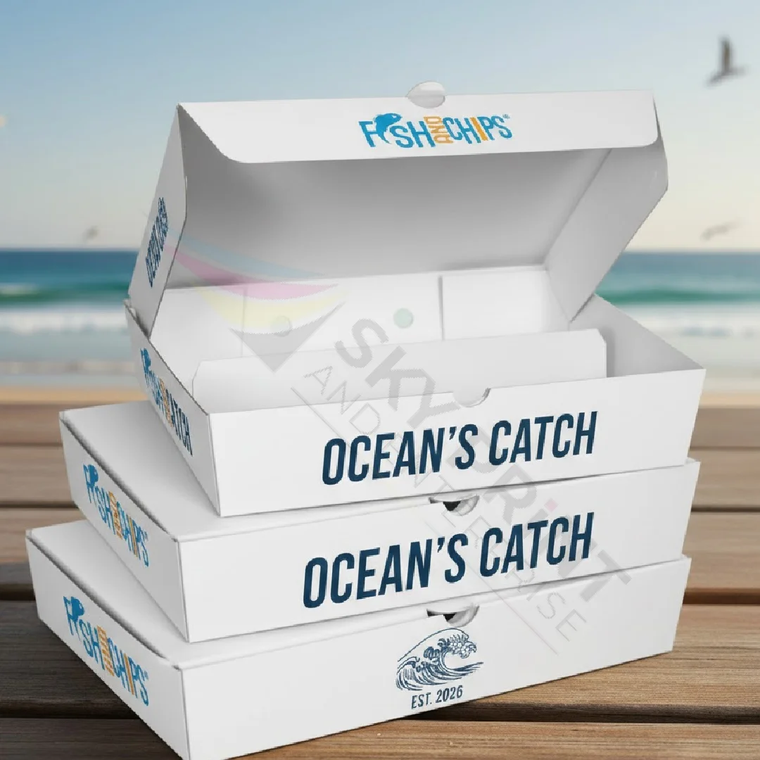 Fish and chip boxes UK made from food-grade cardboard for takeaway packaging