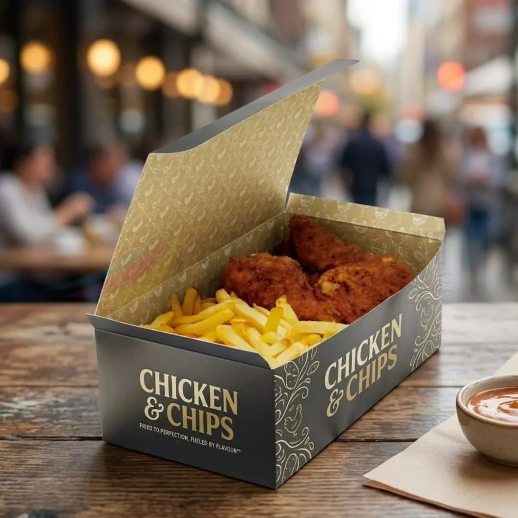 Custom chicken boxes UK for takeaway packaging with logo branding and food-safe material