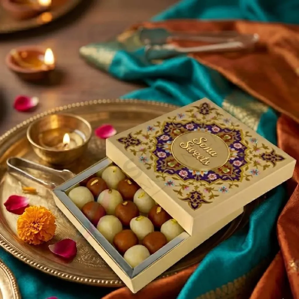 Luxury mithai gift boxes UK with foil stamping and premium packaging design