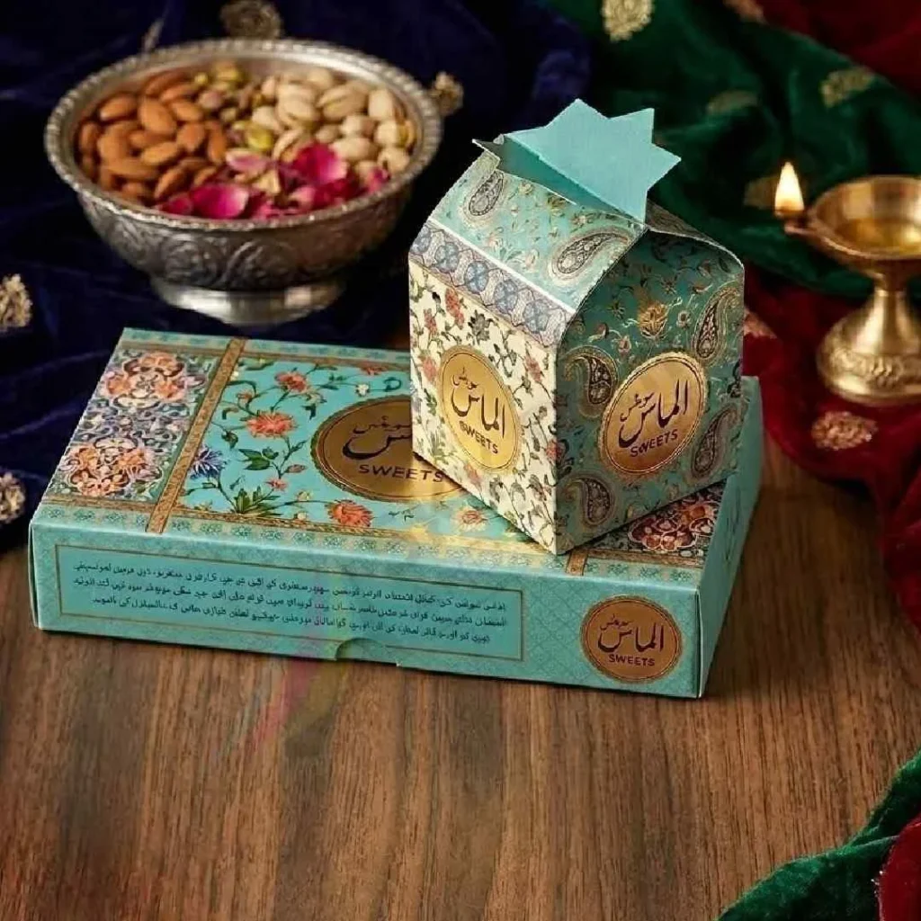 Different types of mithai packaging boxes UK including kraft window and corrugated boxes