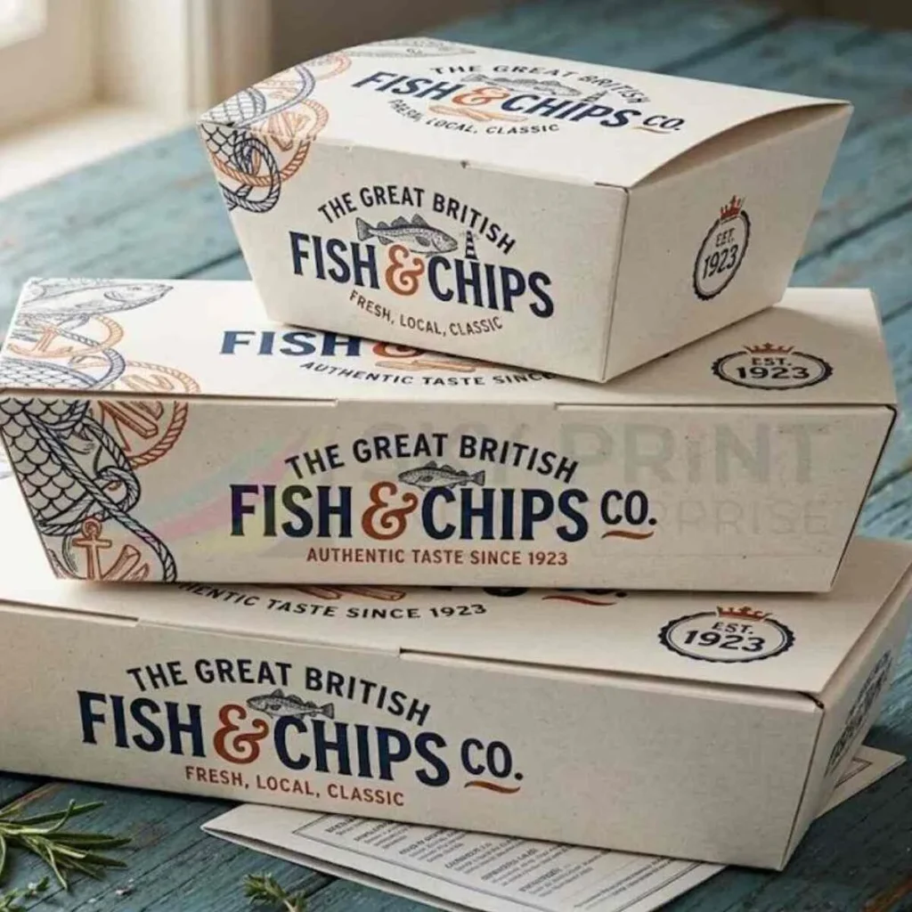 personalised fish and chip boxes UK custom printed takeaway packaging