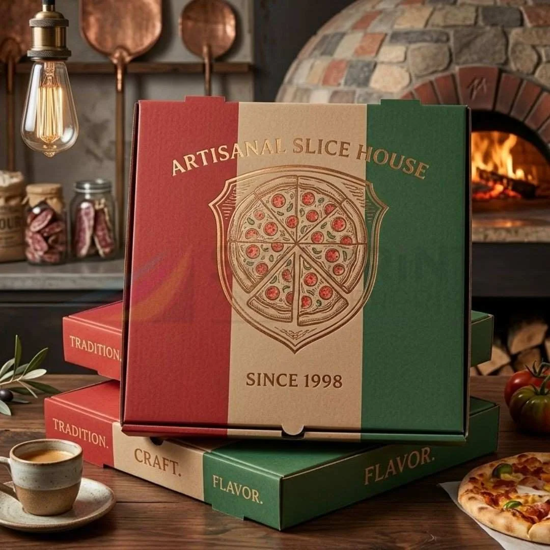 Custom cardboard pizza boxes UK with logo printing for takeaway and delivery packaging