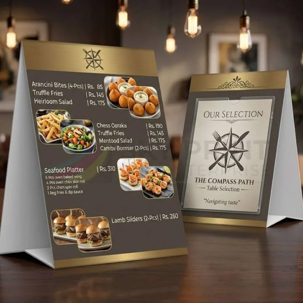 Custom table tent card printing services for restaurants, cafes, events, and promotional marketing in the UK