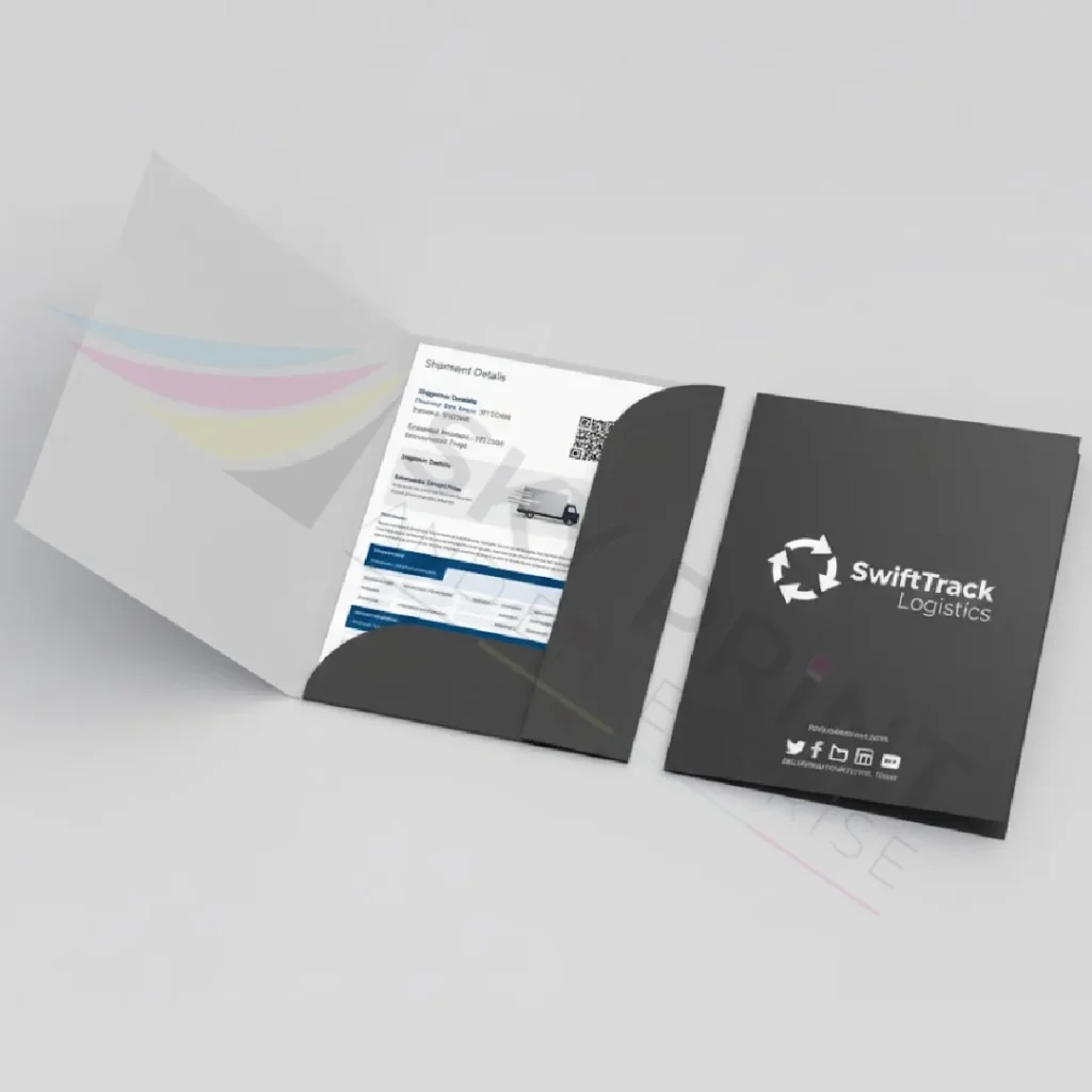 Branded presentation folder with company logo and professional front cover design
