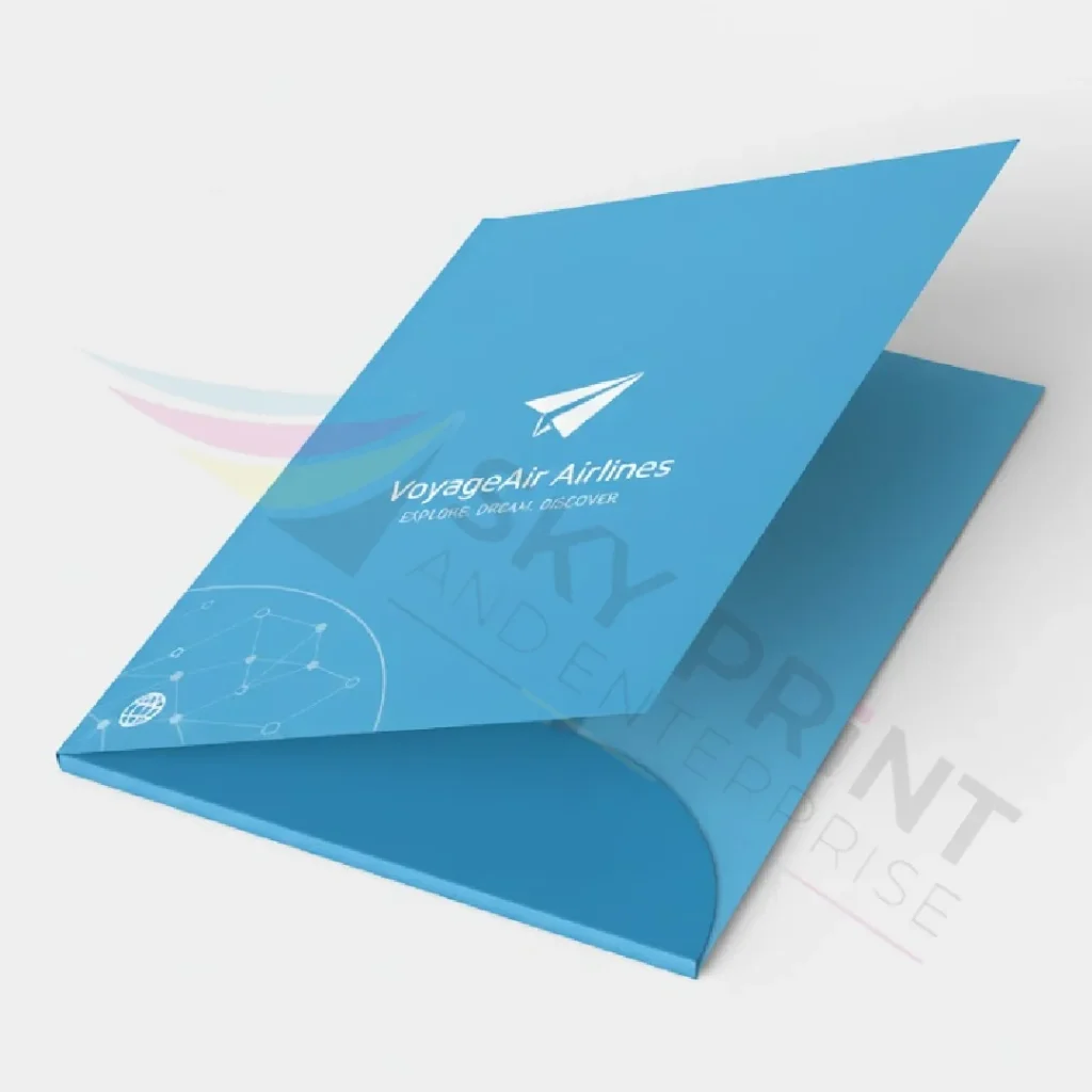 Collection of corporate branded presentation folders in different styles and finishes