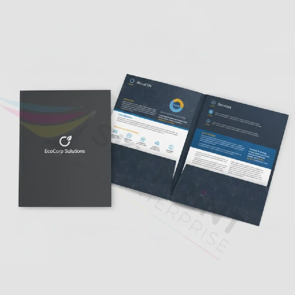 Custom branded presentation folder showing internal document pockets and business card slot