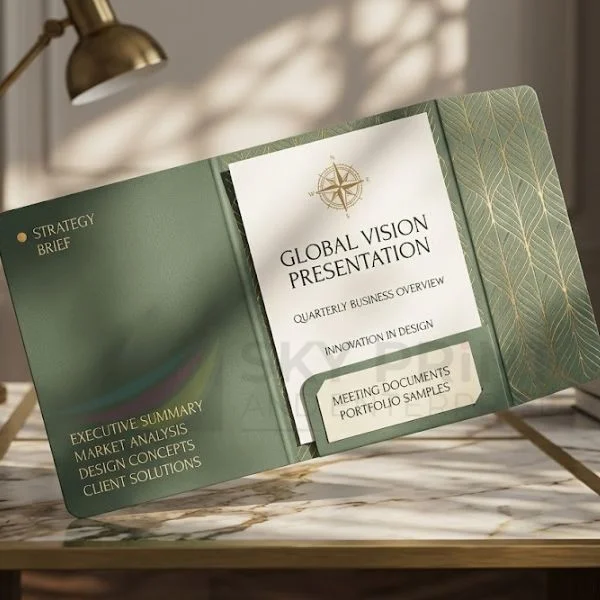 Key elements of presentation folder design including logo placement typography colours and document organisation
