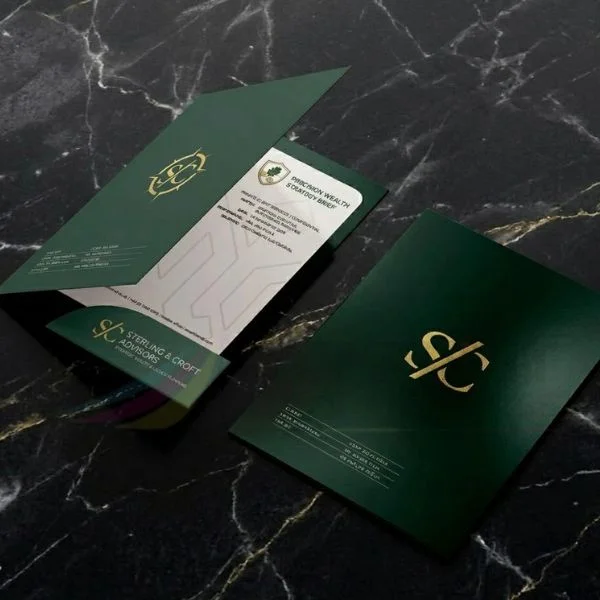 Luxury branded presentation folder featuring foil stamping and premium finish
