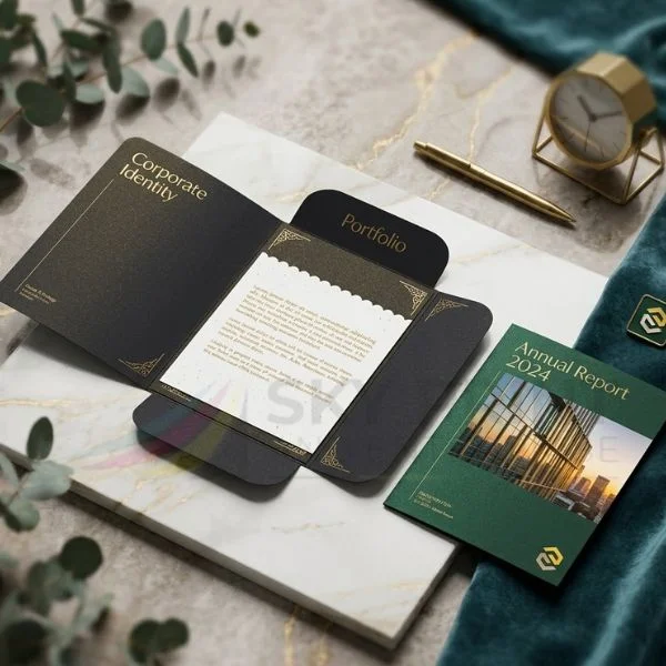 Presentation folder design with branded corporate folders, logo placement and premium printing finishes