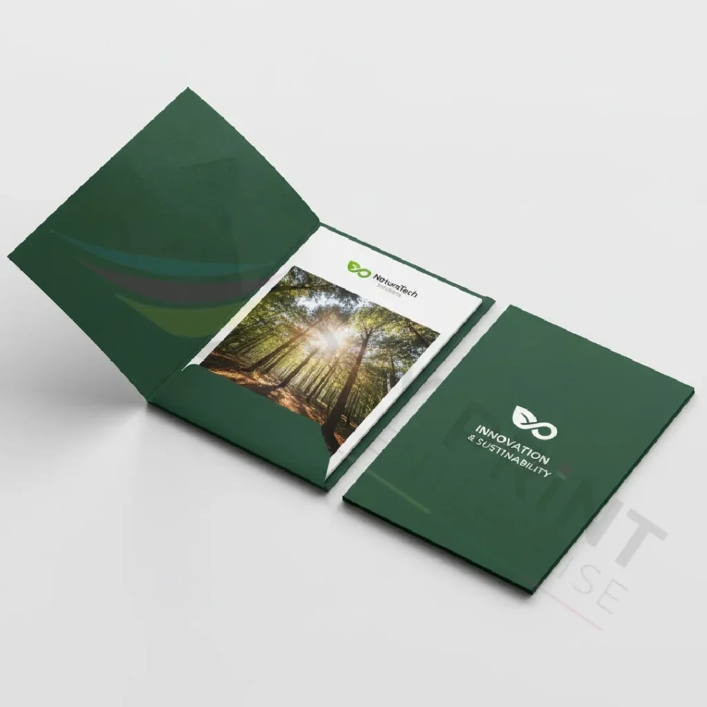 Examples of poor presentation folder design including cluttered layout weak branding and excessive text