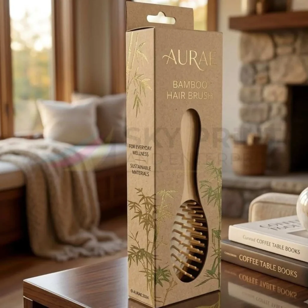 Custom Kraft comb box with die-cut window and gold foil logo for sustainable retail packaging
