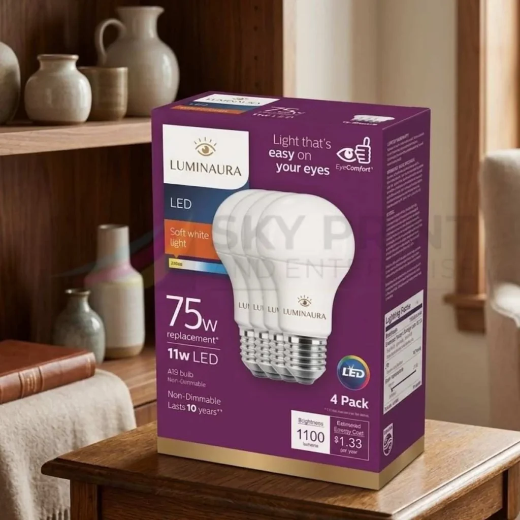 LED light bulb packaging four pack with custom printed branding