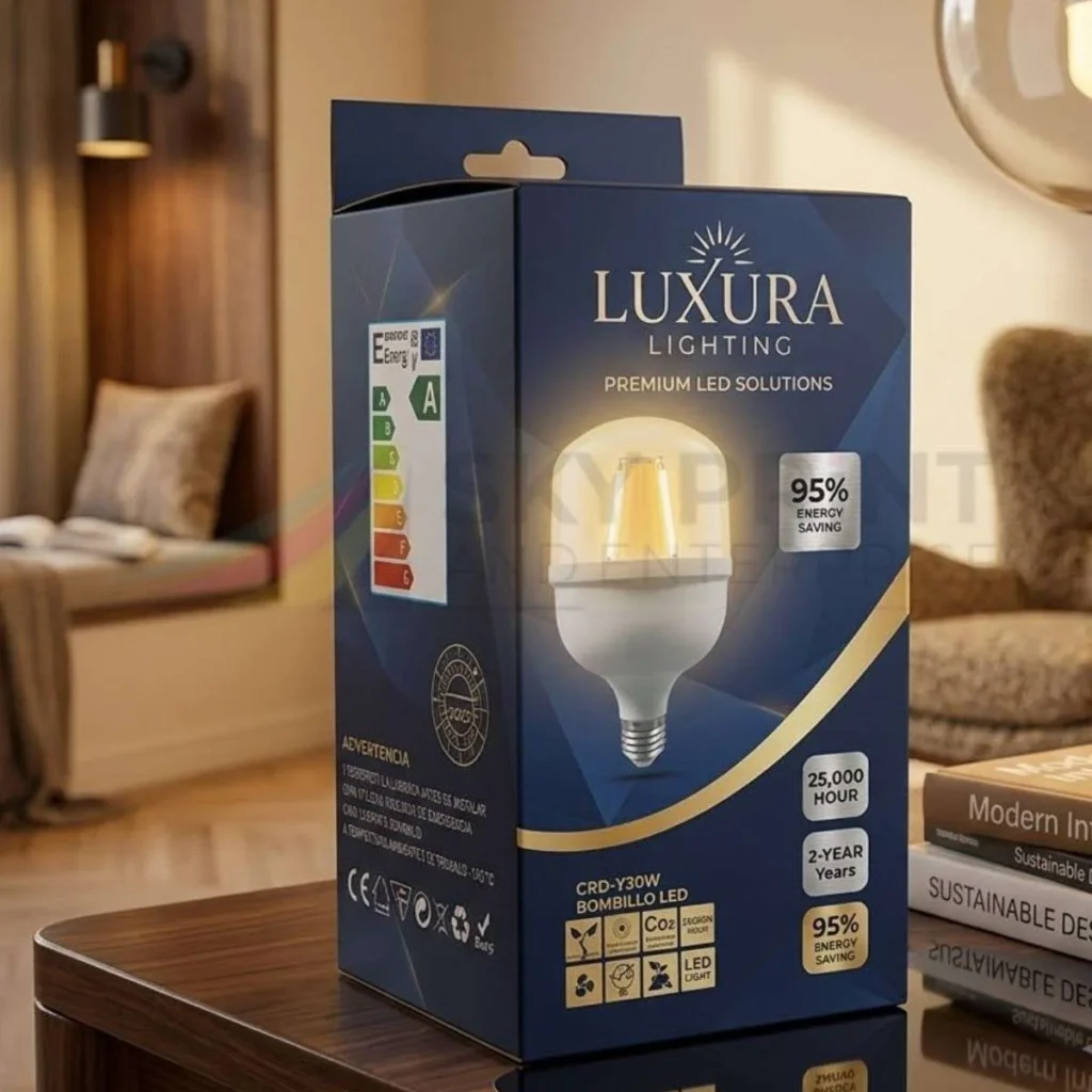 Light bulb packaging with hanging cardboard box for retail display in UK stores