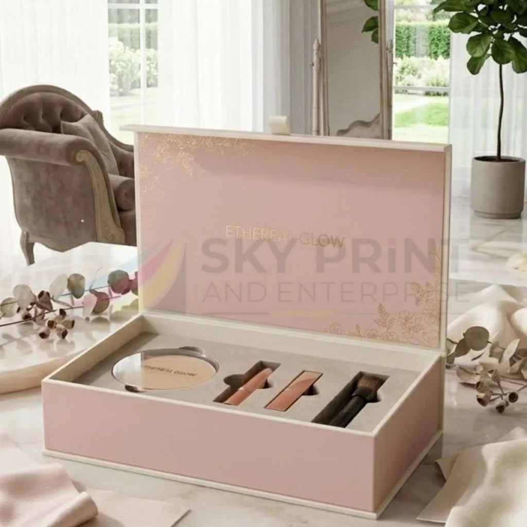 Luxury cosmetic packaging boxes with gold foil and soft-touch lamination