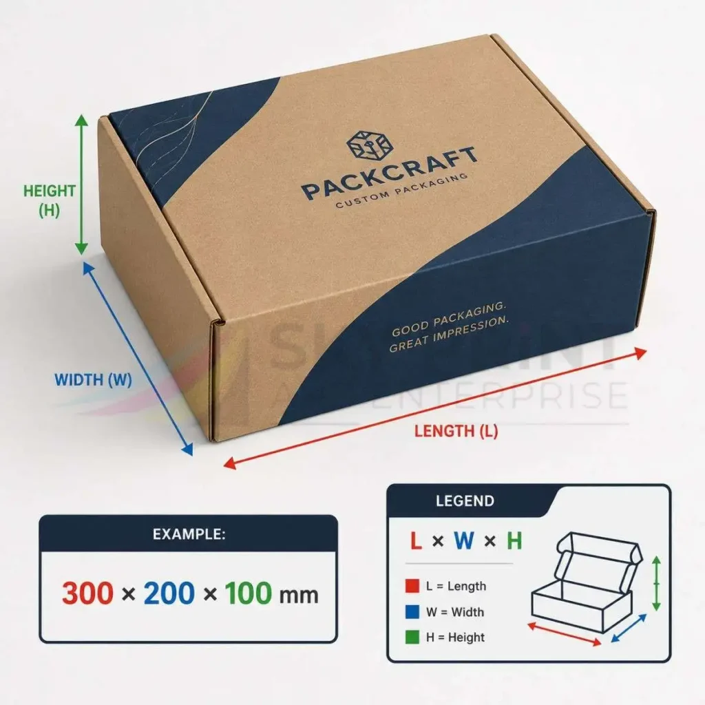 Packaging box dimensions showing length width and height measurements