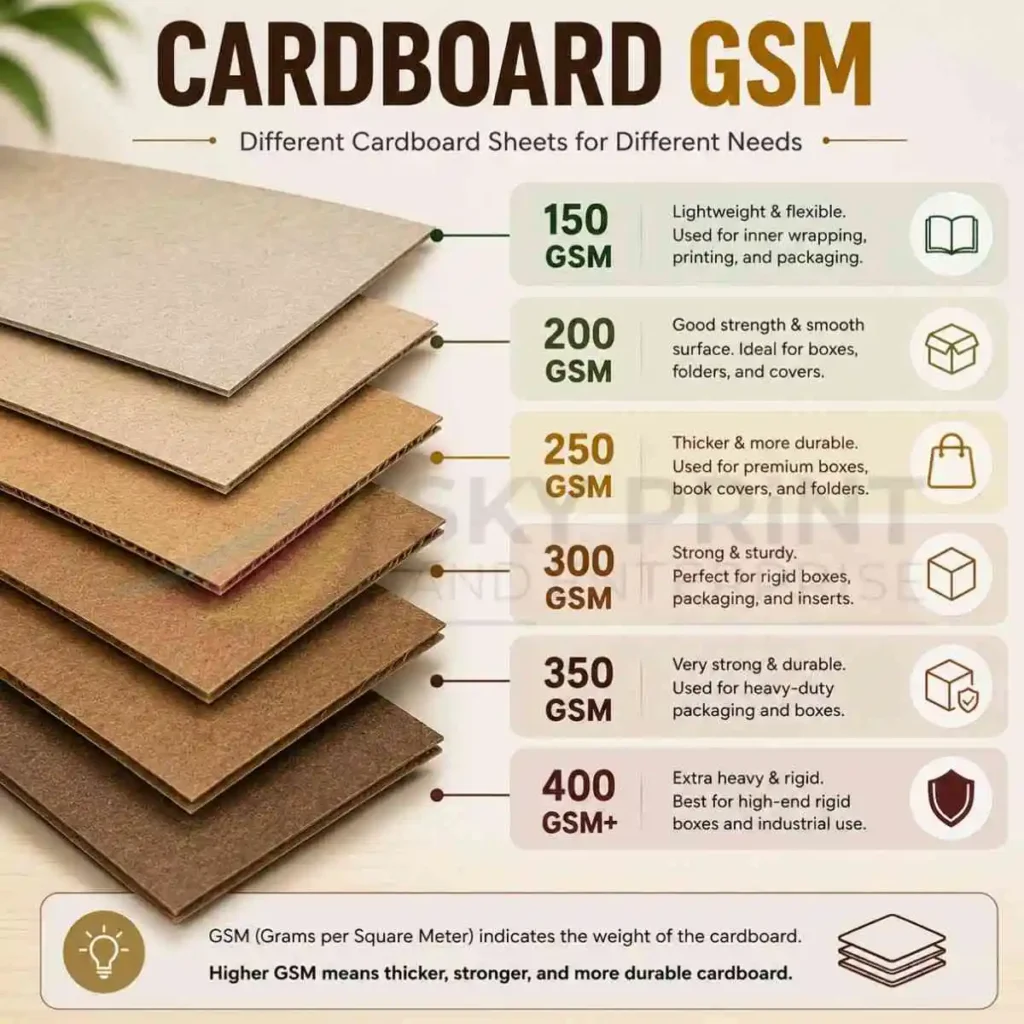 Paper and card GSM guide showing common paperboard weights from 80 GSM to 600 GSM for packaging and commercial printing