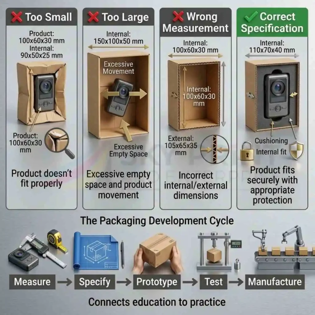 Common packaging size problems showing incorrect and correct box dimensions
