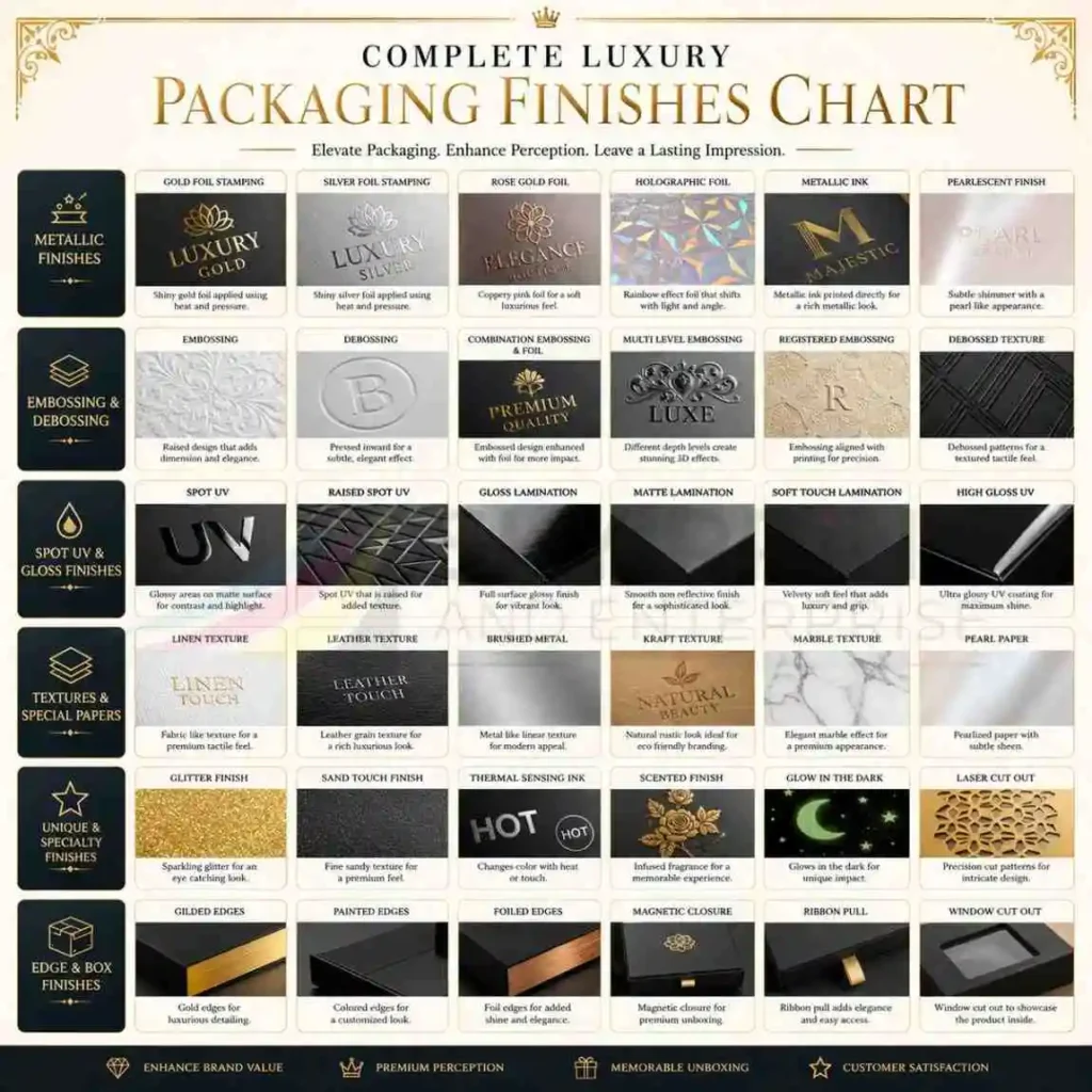 Complete luxury packaging finishes chart showing foil stamping, embossing, debossing, spot UV, soft touch lamination, matt lamination, gloss lamination and other premium print finishes
