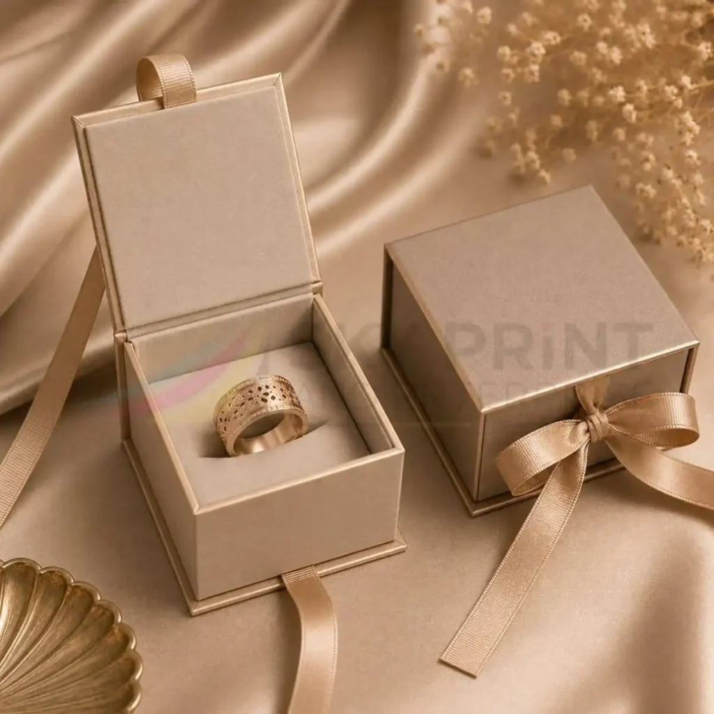 Custom magnetic engagement ring box with luxury branded packaging
