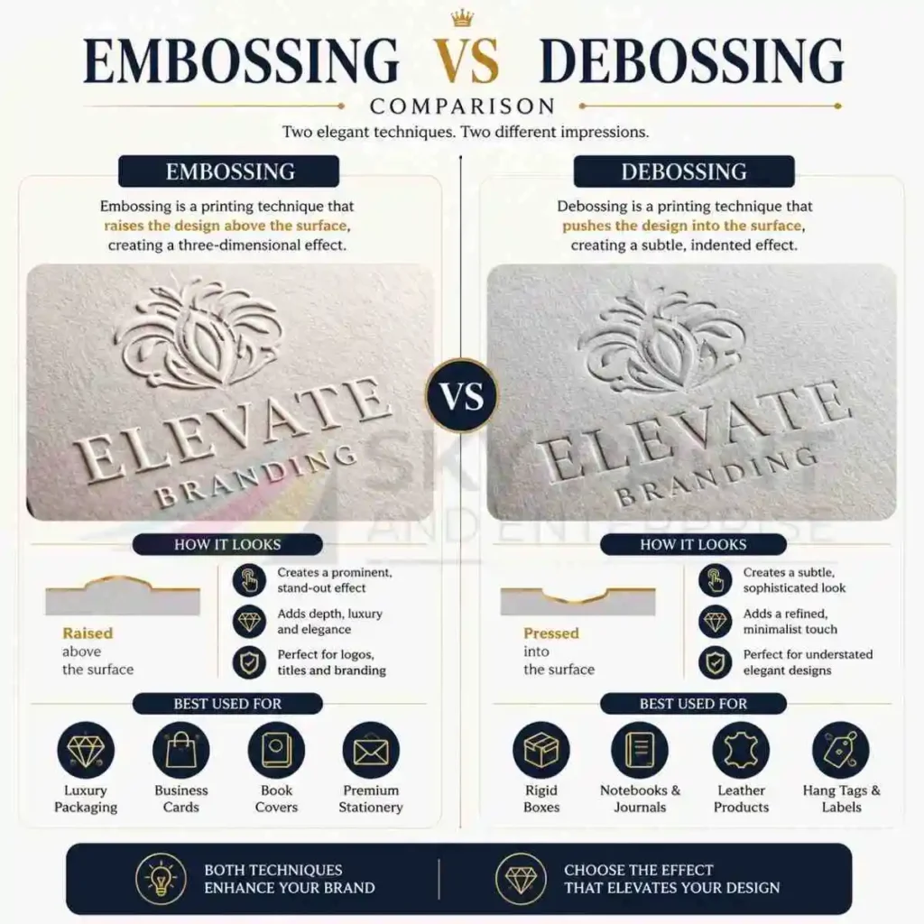 Embossing vs debossing comparison on custom packaging showing raised and recessed printing effects for luxury packaging boxes