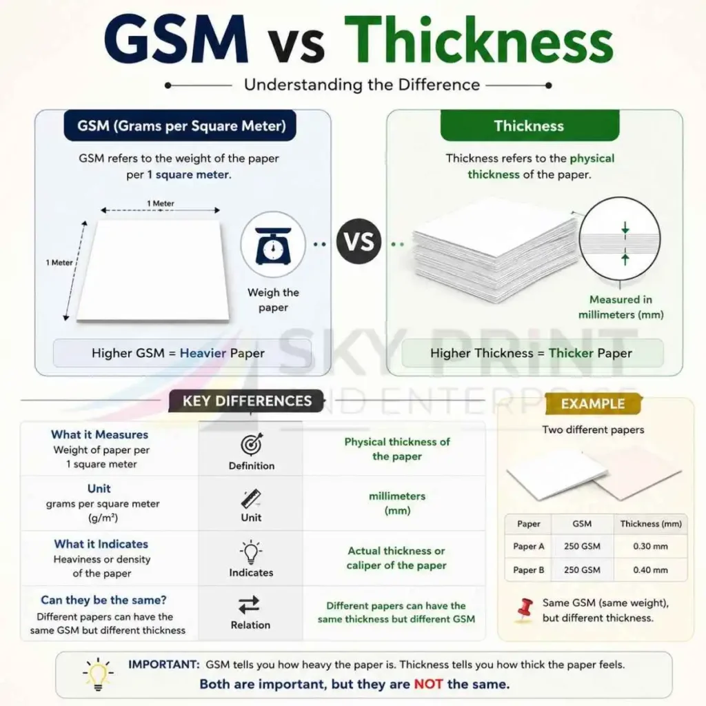 Card GSM vs thickness comparison showing how paper weight relates to board thickness for packaging materials