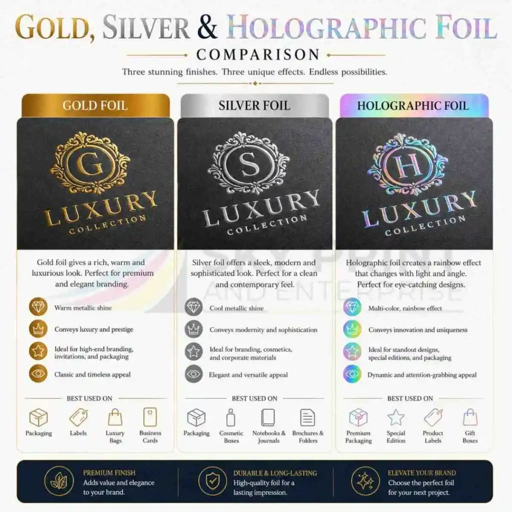 Gold foil, silver foil and holographic foil stamping comparison for luxury packaging and premium printed boxes