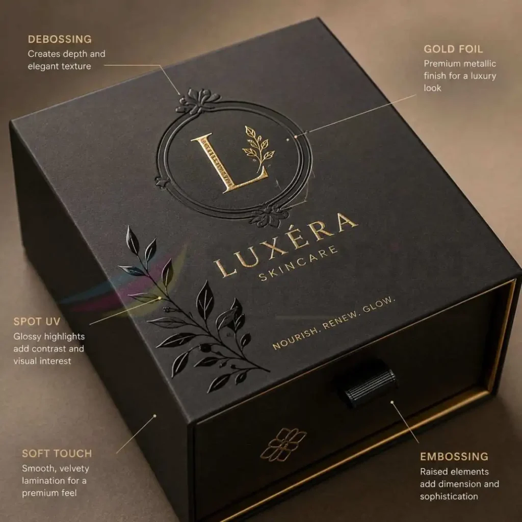 Luxury custom packaging with foil embossing and spot UV