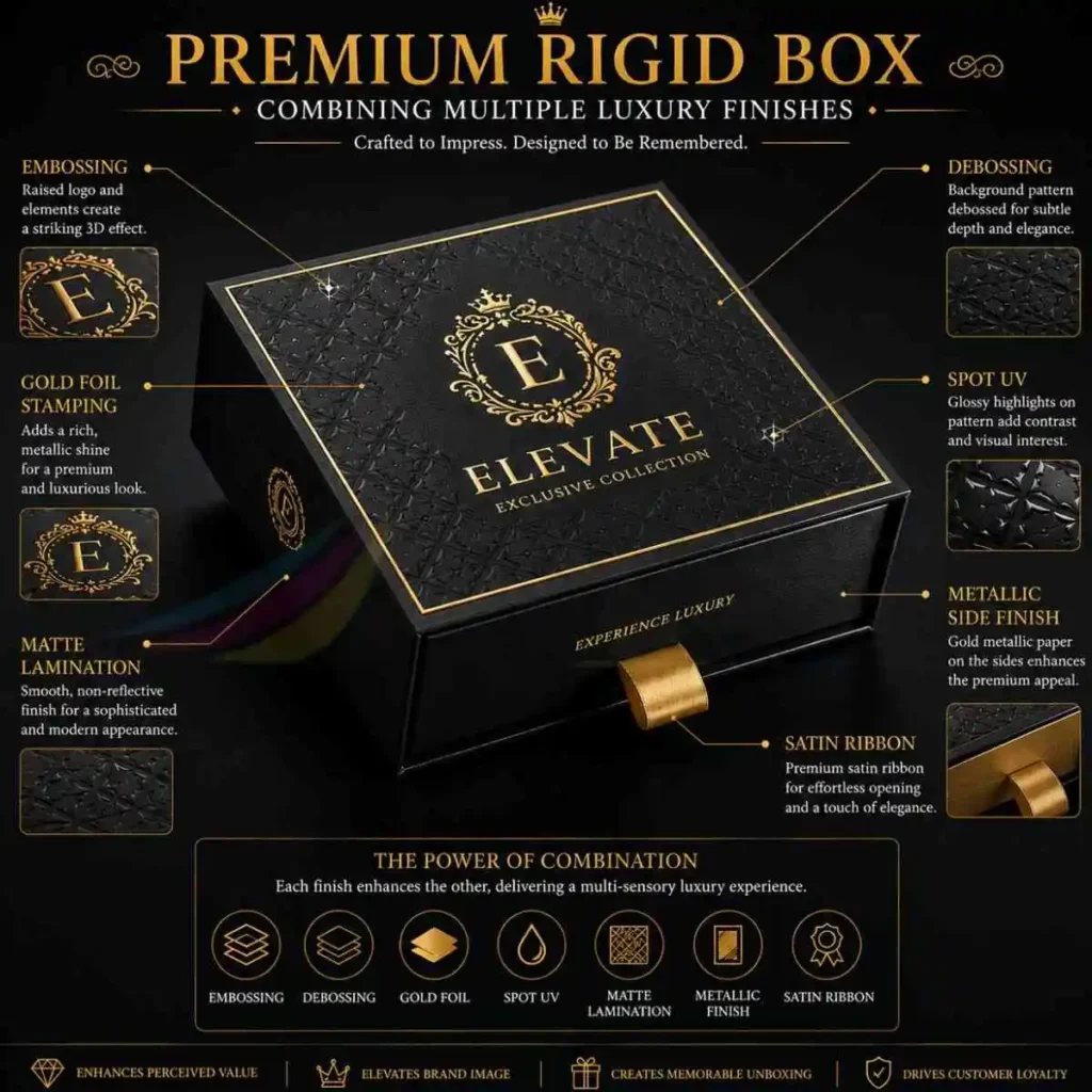 Luxury rigid box featuring embossing, debossing, gold foil, metallic edge finish, spot UV and satin ribbon closure.