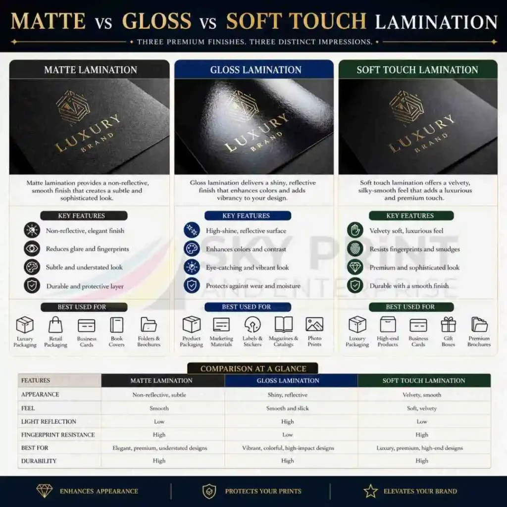 Matt lamination vs gloss lamination vs soft touch lamination comparison on luxury packaging boxes showing different surface finishes