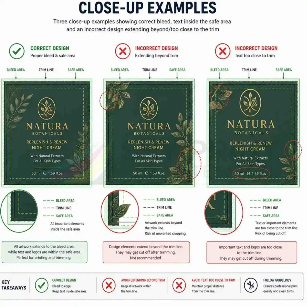 Packaging artwork comparison showing correct bleed trim and safe area placement
