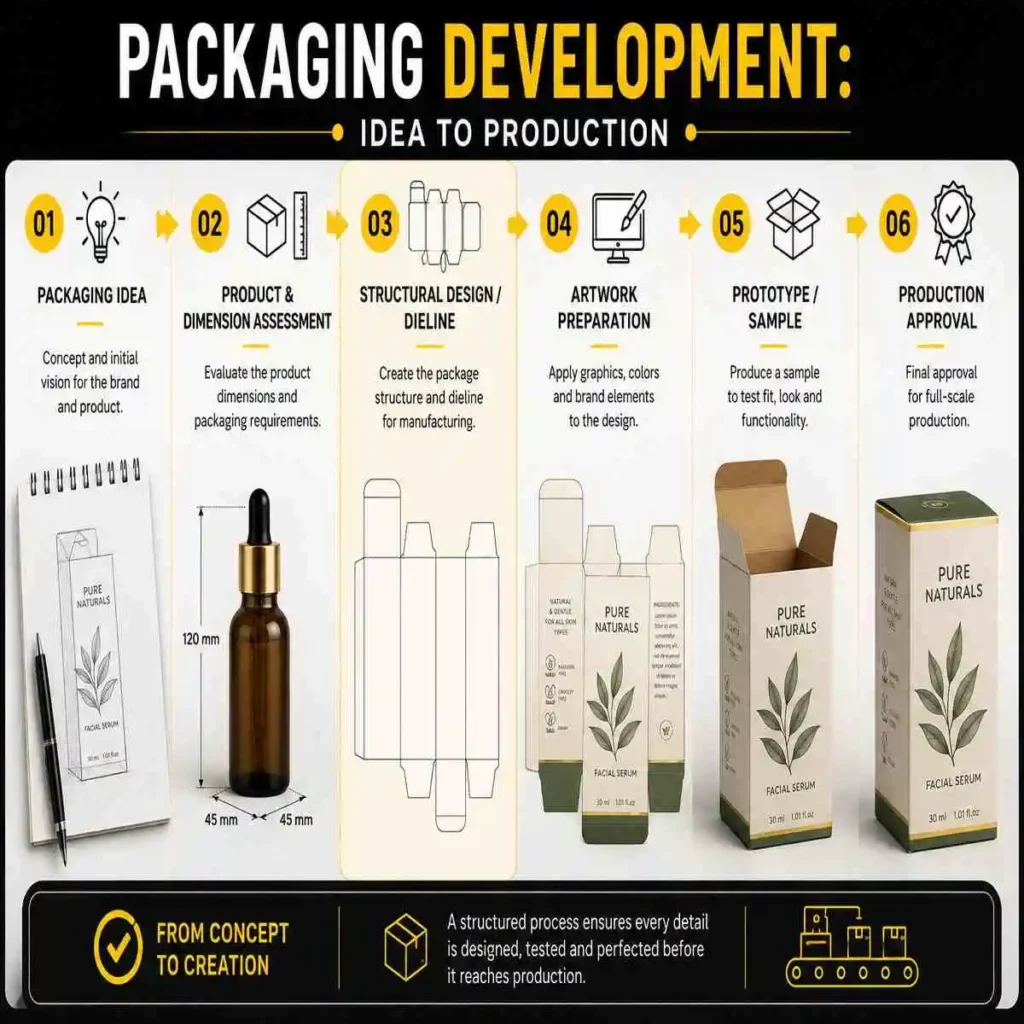 Packaging development process from concept and dieline to prototype and production