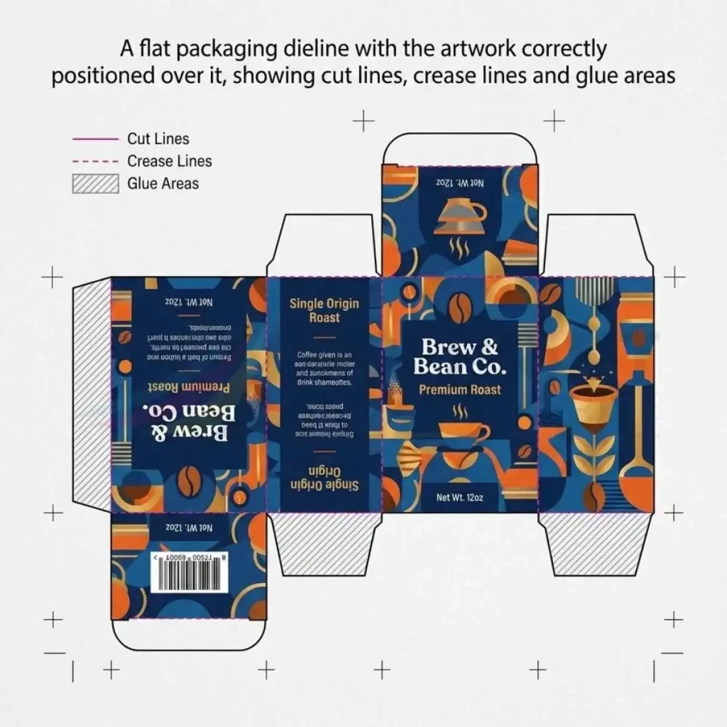 Packaging dieline with artwork correctly positioned over cut lines crease lines and glue areas