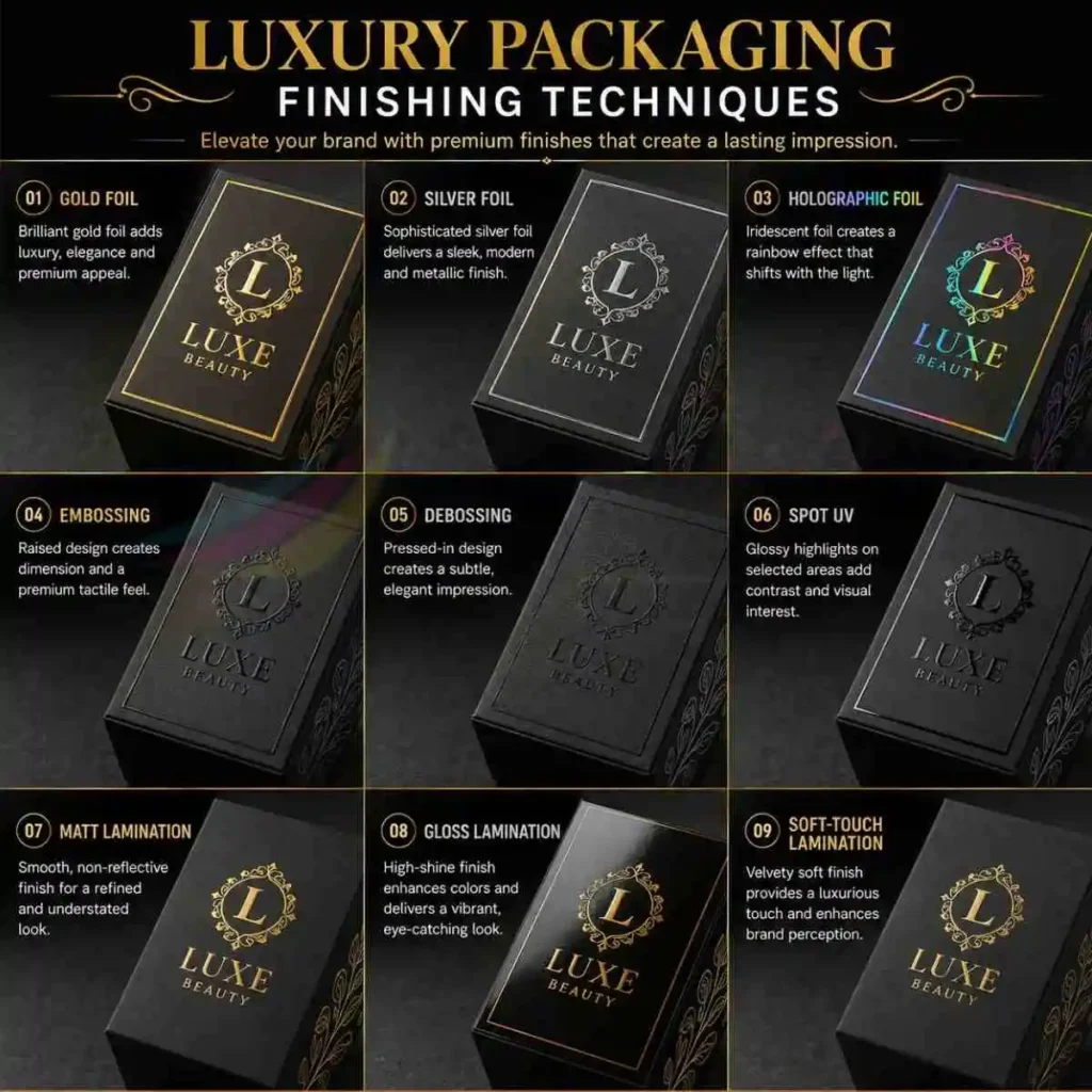 Luxury packaging finishing techniques including foil embossing debossing spot UV and lamination