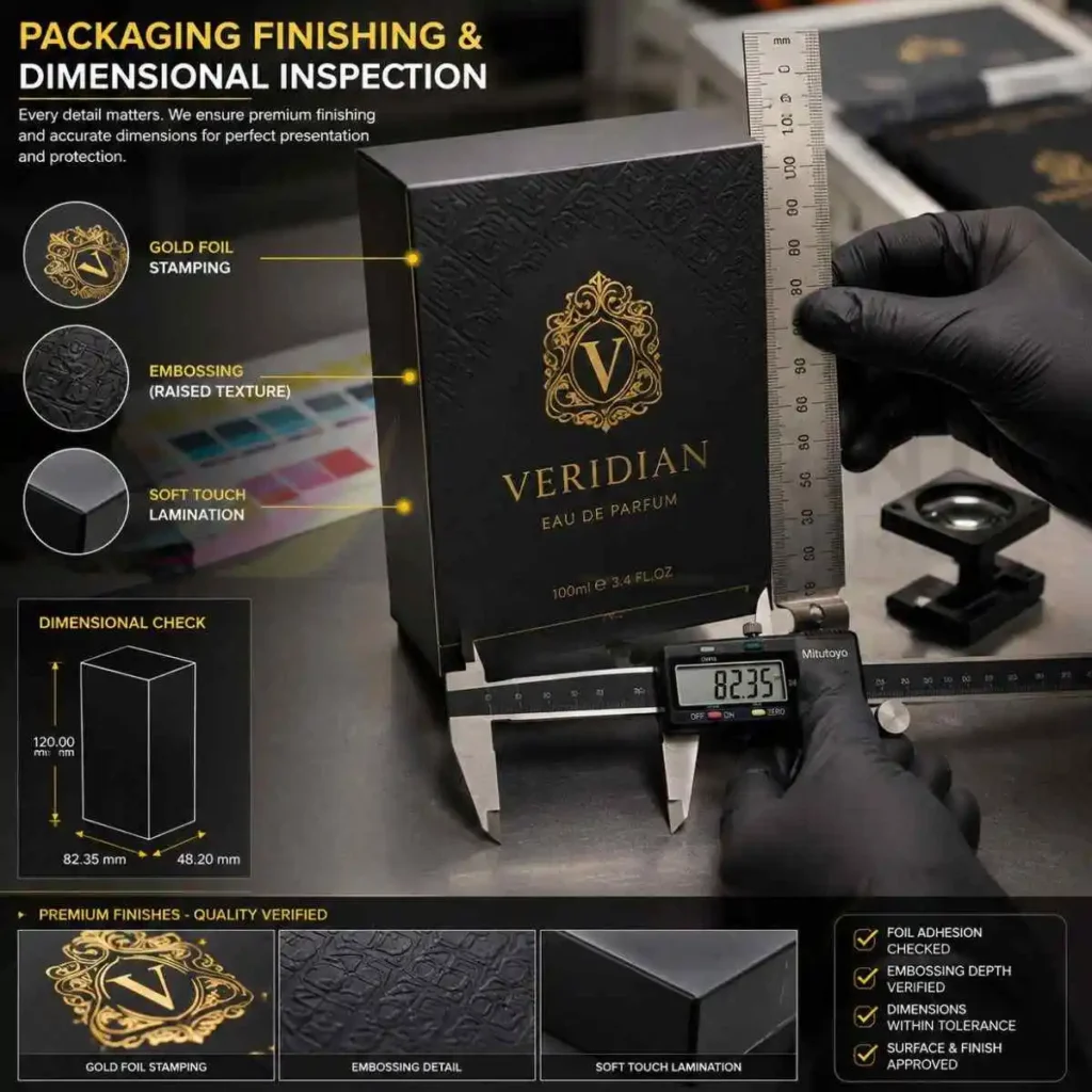 Finished packaging box inspected for dimensions and print quality