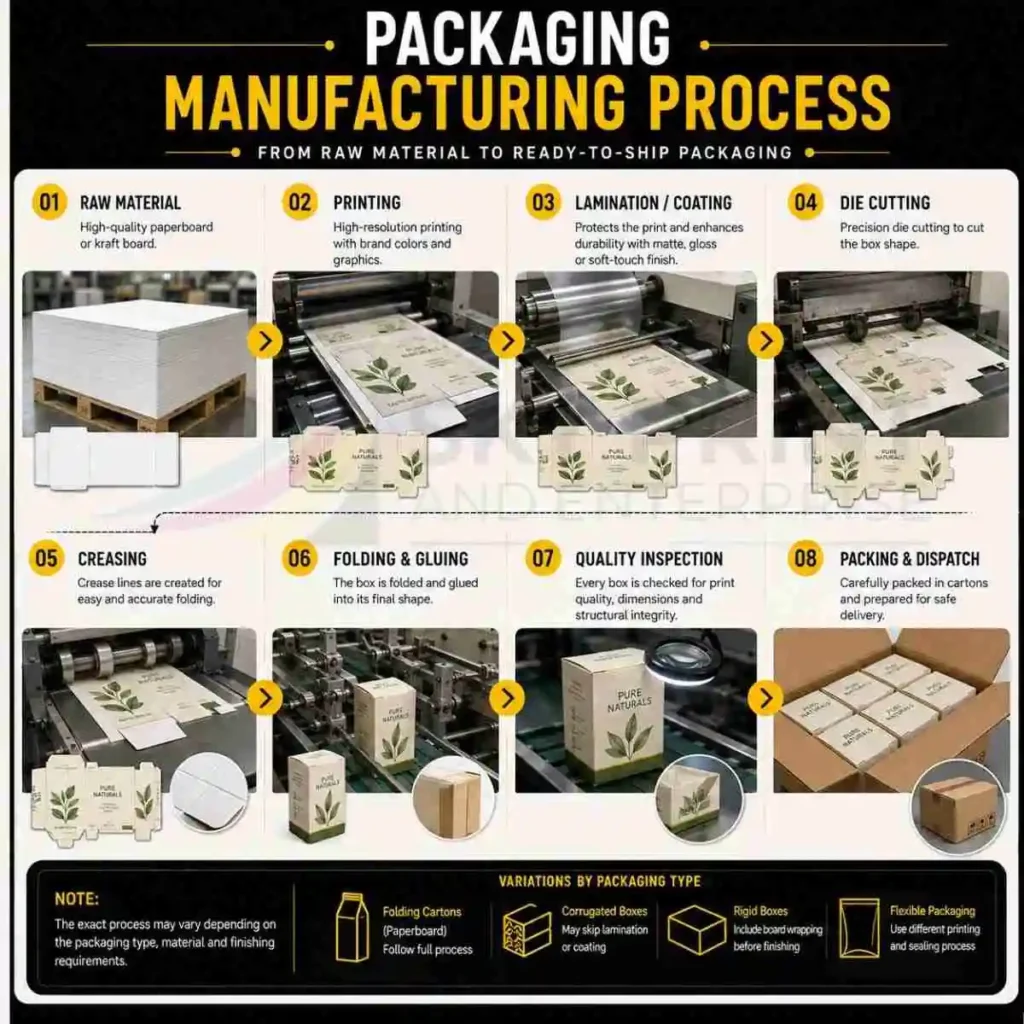 Packaging manufacturing process from raw material and printing to die cutting folding gluing and quality control