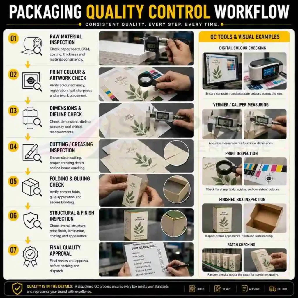 Packaging quality control process showing material print dimensions structural and finishing checks