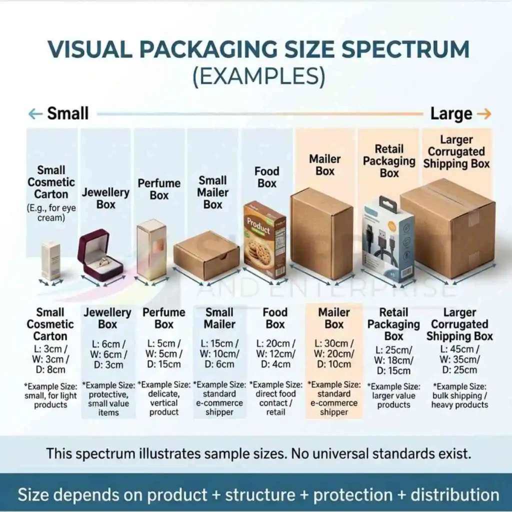 Packaging size comparison showing different box sizes for retail cosmetic food and shipping products