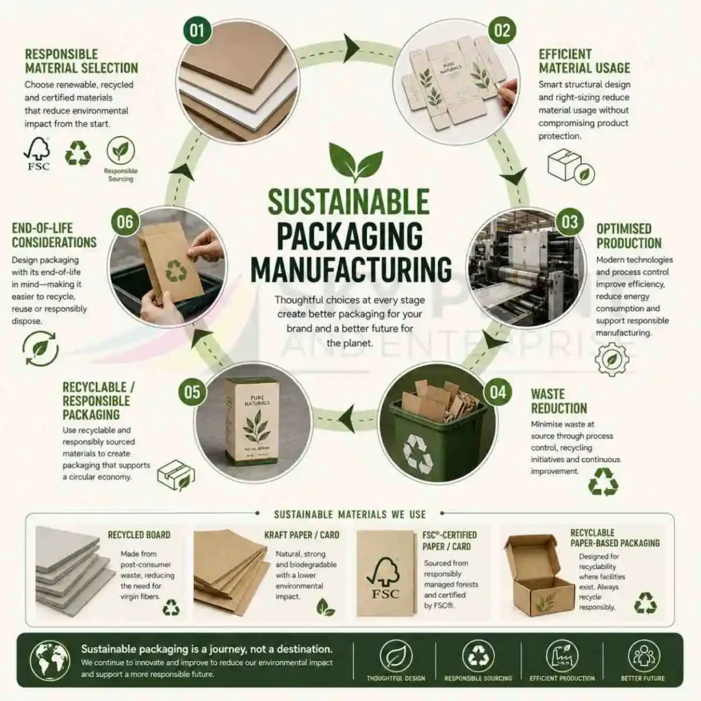 Sustainable packaging manufacturing showing material selection waste reduction and recyclable packaging