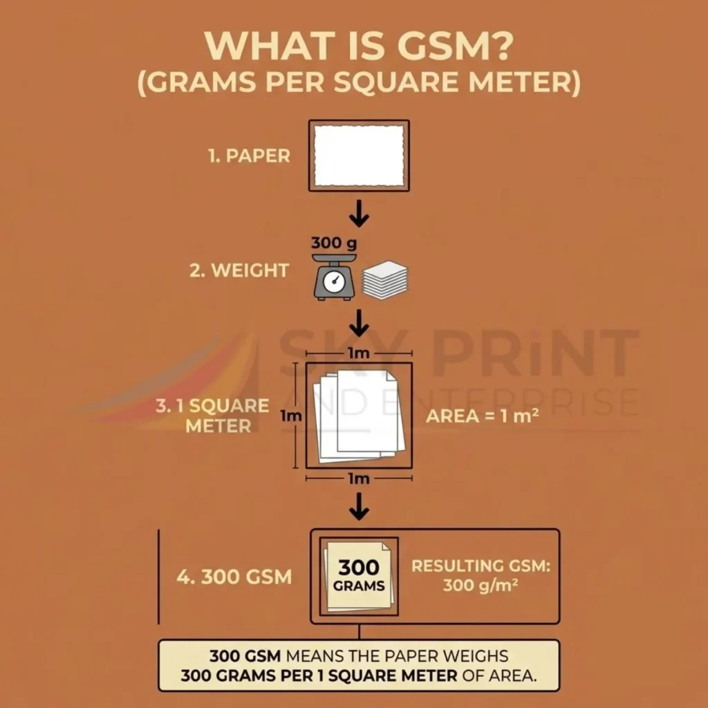 What is GSM in paper and packaging? Illustration explaining that GSM stands for grams per square metre and measures paper and card weight.