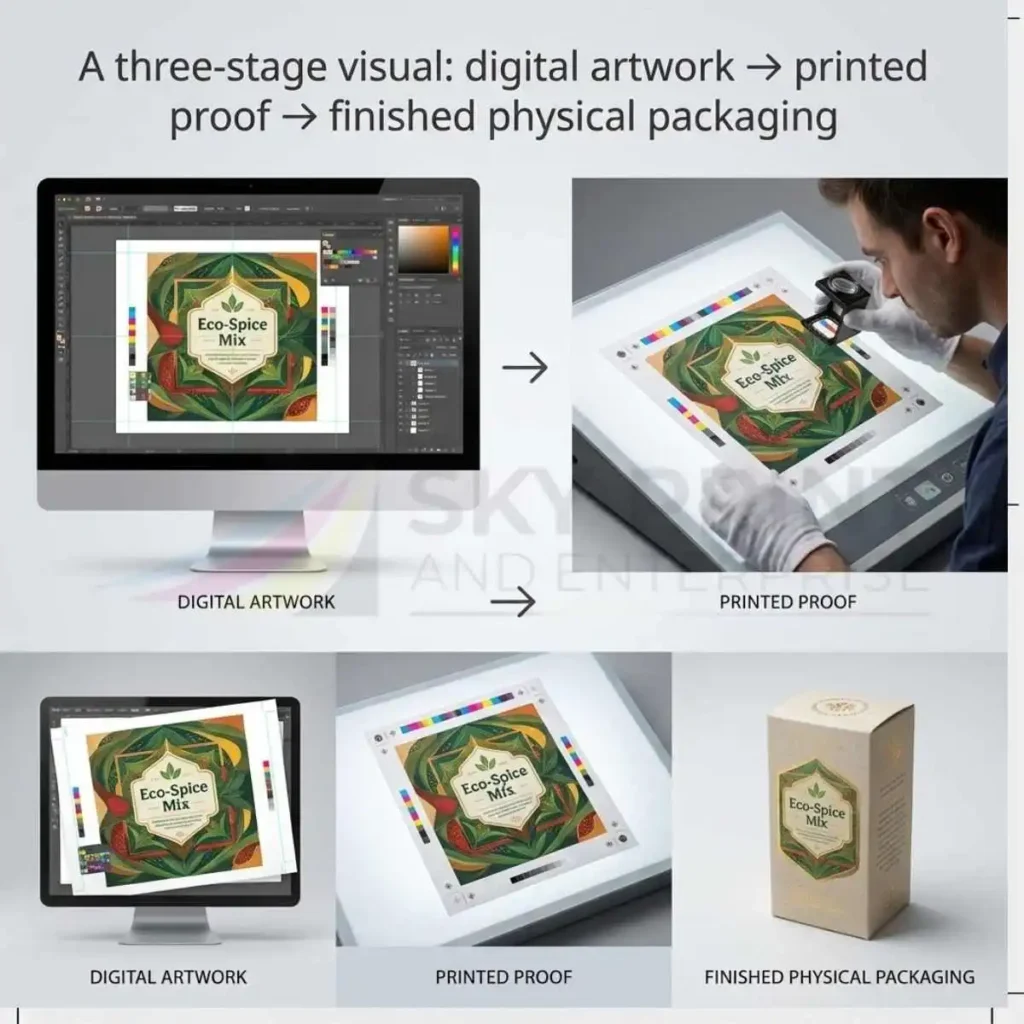 Packaging artwork workflow from digital design to printed proof and finished box