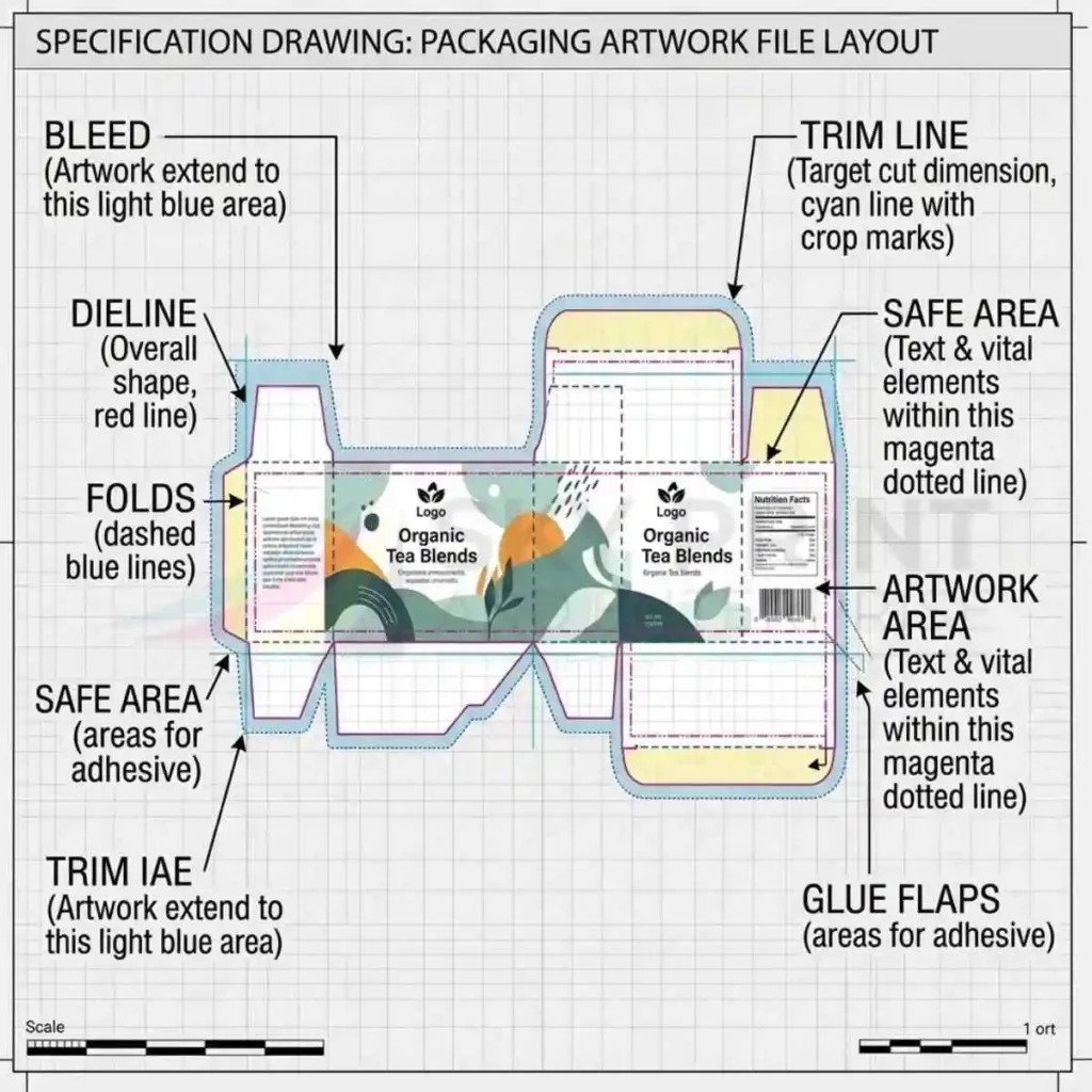 Packaging artwork anatomy showing bleed trim line safe area dieline folds and glue flaps